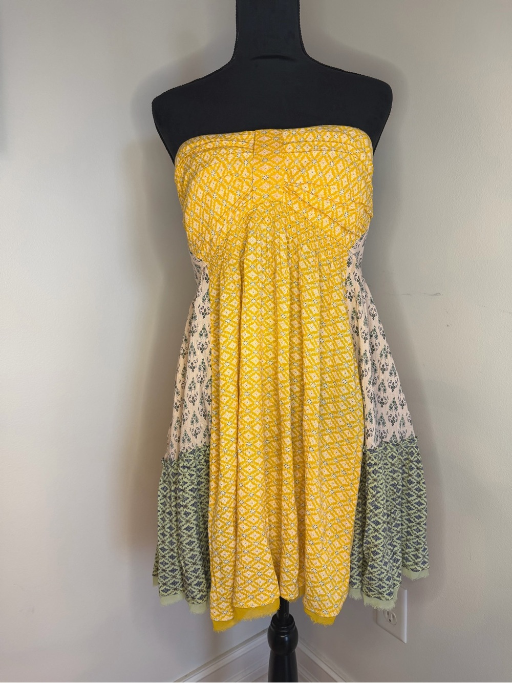 NWT Free People Across The Sea Strapless Tunic Mini Dress Yellow Patchwork L